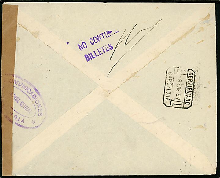 25 cts. og 50 cts. (3) på anbefalet luftpostbrev fra Valencia d. 8.1.1937 via Barcelona til Stockholm, Sverige. Åbnet af spansk censur i Valencia. 