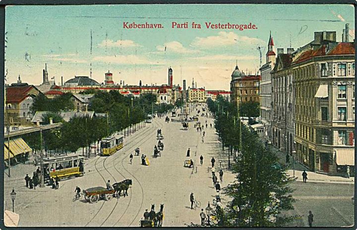 5 øre Fr. VIII på brevkort (Parti fra Vesterbrogade med sporvogne) fra Kjøbenhavn d. 16.6.1911 til Reykjavik, Island.