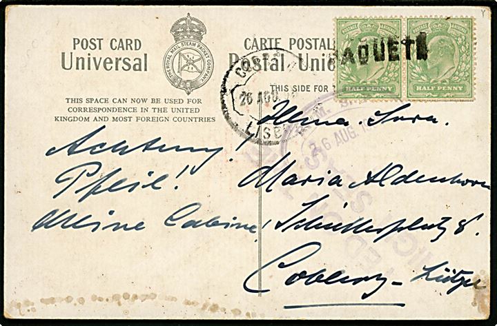 ½d Edward VII i parstykke på brevkort (RMS Avon) annulleret med skibsstempel PAQUETE og sidestemplet Lisboa d. 26.8.1908 til Coblenz, Tyskland. Svagt purser-stempel og Posted on the high seas.