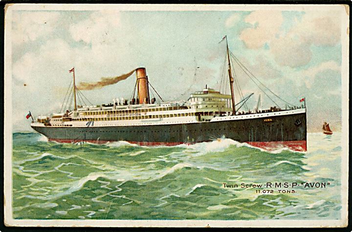 ½d Edward VII i parstykke på brevkort (RMS Avon) annulleret med skibsstempel PAQUETE og sidestemplet Lisboa d. 26.8.1908 til Coblenz, Tyskland. Svagt purser-stempel og Posted on the high seas.
