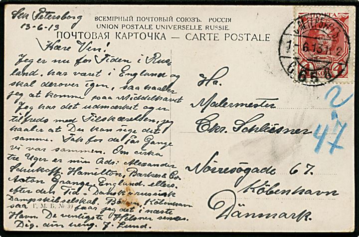4 kop. Romanov udg. single på brevkort fra St. Petersborg d. 1.6.1913 til København, Danmark.,