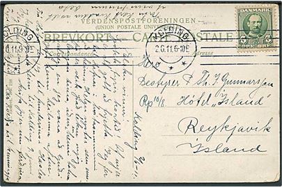 5 øre Fr. VIII på brevkort fra Kolding d. 2.6.1911 til Reykjavik, Island.