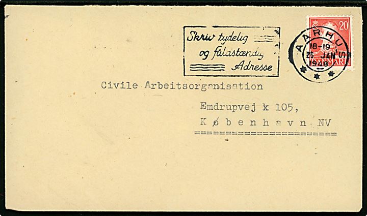 20 øre Chr. X på brev fra Aarhus d. 26.1.1948 til Civile Arbeitsorganisation i København. På bagsiden stemplet: “Flüchtlingshospital / Aarhus.