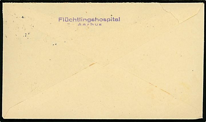 20 øre Chr. X på brev fra Aarhus d. 26.1.1948 til Civile Arbeitsorganisation i København. På bagsiden stemplet: “Flüchtlingshospital / Aarhus.