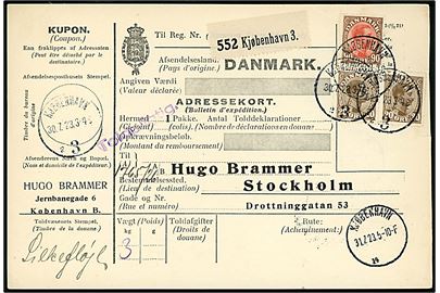 20 øre (par) og 90 øre Chr. X på 130 øre frankeret internationalt adressekort for pakke fra Kjøbenhavn 3 d. 30.7.1923 til Stockholm, Sverige.