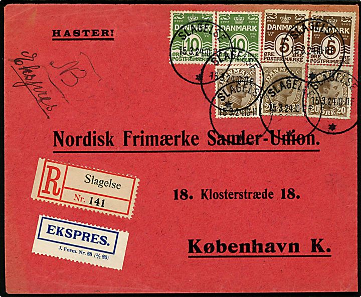 5 øre (2), 10 øre (2) Bølgelinie og 20 øre Chr. X (3) på 90 øre frankeret anbefalet ekspresbrev fra Slagelse d. 15.3.1924 til København.
