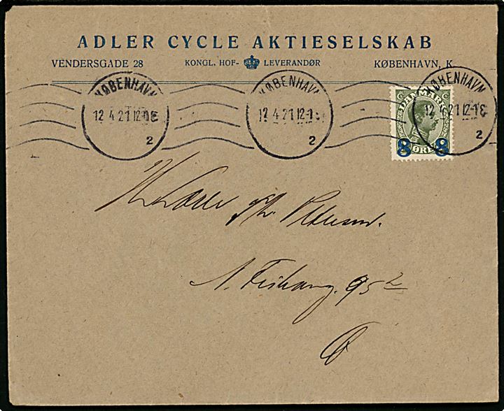 8/12 øre Provisorium single på firmakuvert fra Adler Cycle Aktieselskab sendt som lokal tryksag i København d. 12.4.1921.