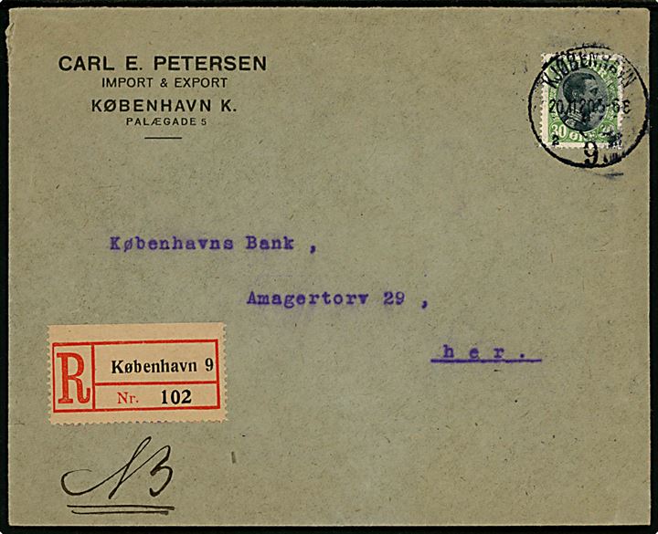 30 øre Chr. X single på anbefalet lokalbrev i Kjøbenhavn d. 20.11.1920.