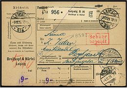 540 pfg. barfrankeret internationalt adressekort for pakke fra firma Breitkopf & Härtel med stempel Gebühr bezahlt i Leipzig d. 3.12.1929 via Berlin og Kjøbenhavn til Reykjavik, Island. Ank.stemplet i Reykjavik d. 21.12.1929.