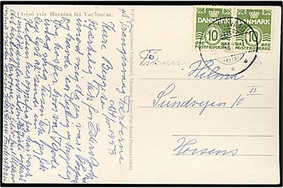 10 øre Bølgelinie i parstykke på brevkort annulleret med brotype Ic Trangisvaag d. 15.10.1953 til Horsens, Danmark. Godt stempel - GF10: 1000,-