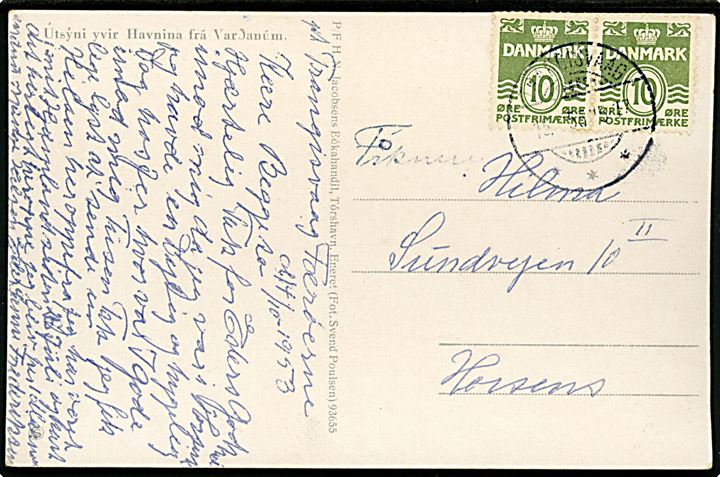 10 øre Bølgelinie i parstykke på brevkort annulleret med brotype Ic Trangisvaag d. 15.10.1953 til Horsens, Danmark. Godt stempel - GF10: 1000,-