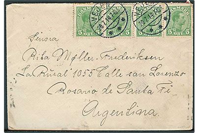 5 øre Chr. X (4) på brev fra Vejen d. 20.7.1914 til Rosario de Santa Fe, Argentina.