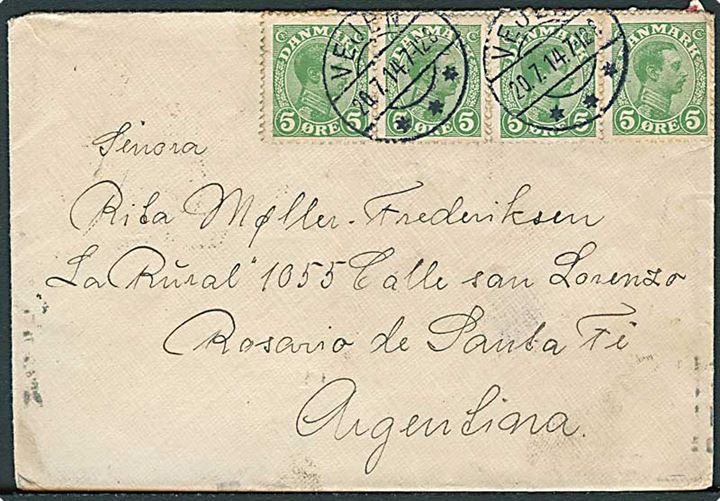 5 øre Chr. X (4) på brev fra Vejen d. 20.7.1914 til Rosario de Santa Fe, Argentina.