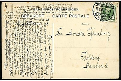 5 øre Fr. VIII på brevkort (Fiskeriinspektionsskibet Islands Falk) dateret i Havnefjord på Island d. 25.1.1908 sendt i lukket marinepostsæk og annulleret i Kjøbenhavn d. 17.2.1908 til Kolding, Danmark.