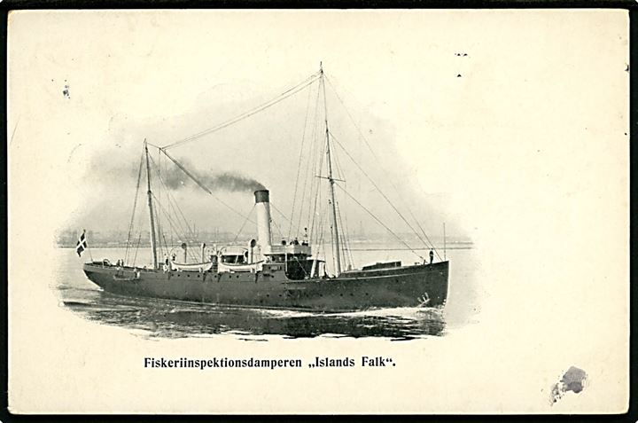 5 øre Fr. VIII på brevkort (Fiskeriinspektionsskibet Islands Falk) dateret i Havnefjord på Island d. 25.1.1908 sendt i lukket marinepostsæk og annulleret i Kjøbenhavn d. 17.2.1908 til Kolding, Danmark.