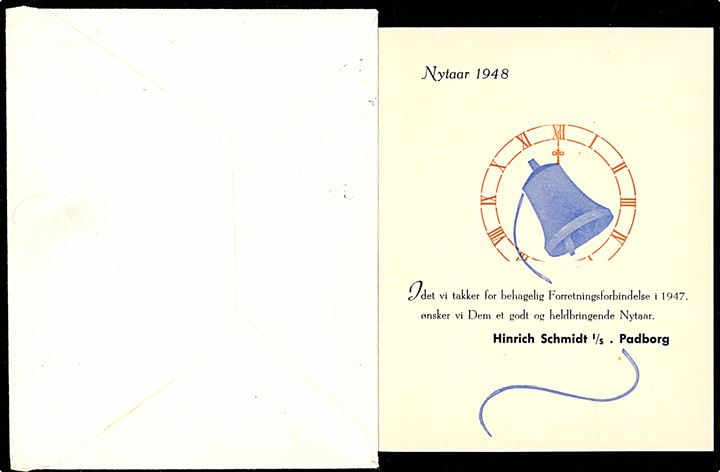 6 øre Bølgelinie på lokal tryksag med fortrykt nytårshilsen fra firma Hinrich Schmidt I/S stemplet Padborg d. 29.12.1947.