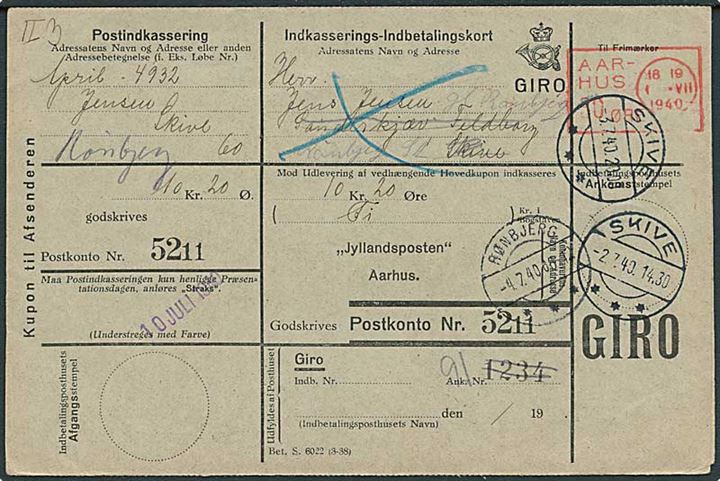 30 øre blanketmaskinstempel Aarhus d. 1.7.1940 på retur Indkasserings-Indbetalingskort til Skive - eftersendt til Rønbjerg.