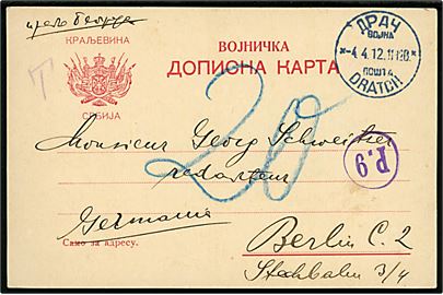 Ufrankeret serbisk feltpostkort under Balkankrigen med 2-sproget feltpoststempel fra Dratchi (Durrës, Albanien) d. 4.4.1912 til Berlin, Tyskland. Udtakseret i 20 pfg. tysk porto.