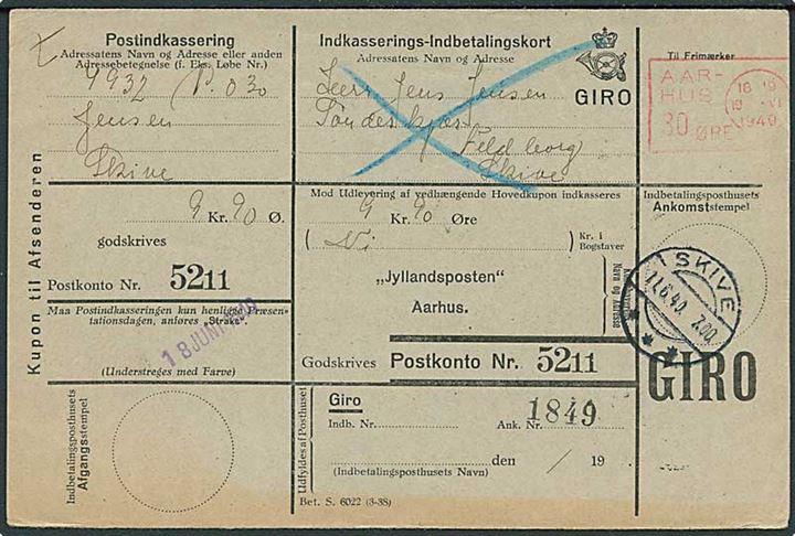30 øre blanketmaskinstempel Aarhus d. 10.6.1940 på retur Indkasserings-Indbetalingskort til Feldborg pr. Skive.