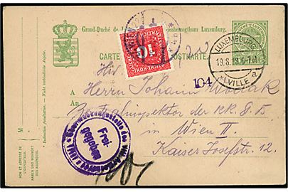 5 c. helsagsbrevkort fra Luxembourg Ville d. 19.8.1918 til Wien, Østrig. Udtakseret i porto med 10 h. Portomæke. Tysk censurstempel.