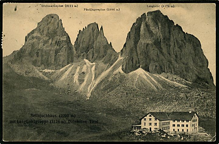 5 h. Franz Joseph på brevkort fra Alpehotel Sellajock-Haus (2200 m) stemplet Wolkenstein i Bozen d. 20.8.1912 til Böhmen.