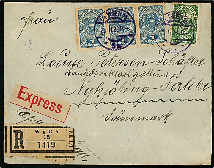 20 h. og 1 kr. (3) Deutschösterreich udg. på anbefalet ekspresbrev fra Wien d. 28.2.1920 til Nykøbing F., Danmark.