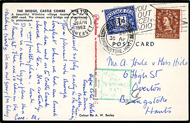 2d Elizabeth på underfrankeret brevkort fra Bath d. 29.4.1962 til Overton. Udtakseret i porto med grønt porto stempel og 1d Portomærke stemplet Overton d. 30.4.1962.