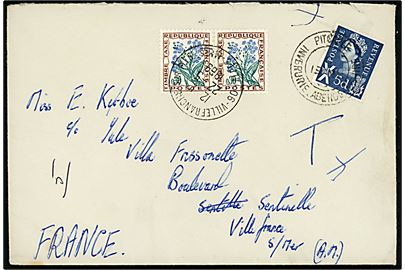 5d Elizabeth Scotland udg. på underfrankeret brev fra Pitcaple, Inverurie, Aberdeenshire d. 19.5.1969 til Villefrance, Frankrig. Udtakseret i porto med fransk 0,30 fr. Portomærke i parstykke stemplet Villefrance d. 22.5.1969.