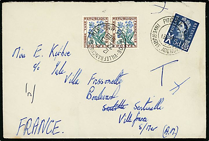 5d Elizabeth Scotland udg. på underfrankeret brev fra Pitcaple, Inverurie, Aberdeenshire d. 19.5.1969 til Villefrance, Frankrig. Udtakseret i porto med fransk 0,30 fr. Portomærke i parstykke stemplet Villefrance d. 22.5.1969.