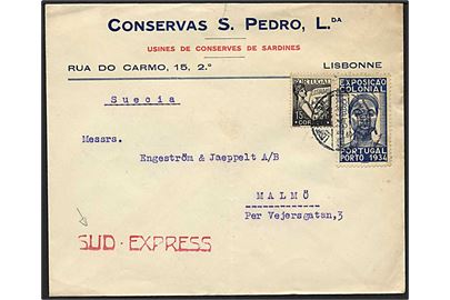 1,75 S. porto på brev fra Lisboa d. 20.8.1934 til Malmø. Stemplet Sud Expres i rødt.