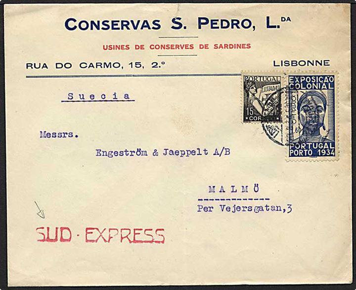 1,75 S. porto på brev fra Lisboa d. 20.8.1934 til Malmø. Stemplet Sud Expres i rødt.