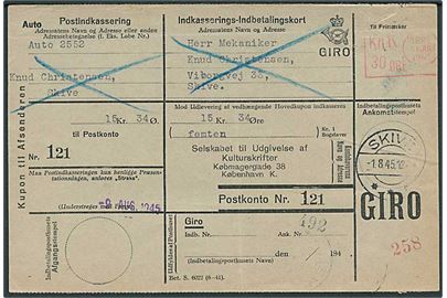 30 øre blanketmaskinstempel Kbh. K. d. 31.7.1945 på retur Indkasserings-Indbetalingskort til Skive.