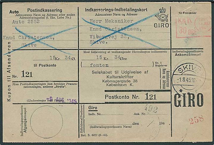 30 øre blanketmaskinstempel Kbh. K. d. 31.7.1945 på retur Indkasserings-Indbetalingskort til Skive.