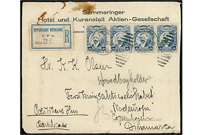 10 c. i vandret 4-stribe på anbefalet brev fra El Oro, Michoacán, Mexico 22.9.1922 via Laredo og New York til København, Danmark. 