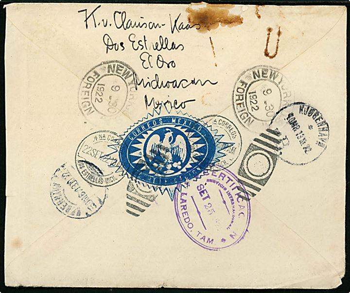 10 c. i vandret 4-stribe på anbefalet brev fra El Oro, Michoacán, Mexico 22.9.1922 via Laredo og New York til København, Danmark. 