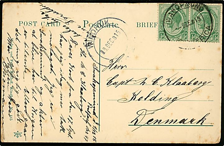 South Africa ½d George V i parstykke anvendt på brevkort (Deutsch-Südwest-Afrika, Afrikanischer Adler) fra Swakopmund S.W.Africa d. 1.12.1915 via Windhuk d. 9.12.1915 til Kolding, Danmark. Omtale af krigen, men ingen tegn på censur.