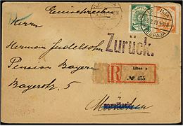 15 kap. og 20 kap. utakket på anbefalet brev fra Libau stemplet Latwija Leepaja d. 3.2.1919 til München, Tyskland. Returneret med stempel Unzulässig og på bagsiden ank.stemplet Latwija/Leepaja d. 11.9.1919.