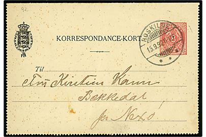 8 øre Helsags-korrespondancekort annulleret med tidligt brotype Ia stempel i Roskilde d. 15.9.1892 via København til Nexø på Bornholm. Nusset.