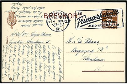 7 øre helsagsbrevkort (fabr. 147) fra interneret soldat på Lynetten sendt lokalt i København d. 4.9.1943. 