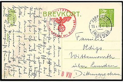 15 øre Karavel helsagsbrevkort (fabr. 144) dateret Auf der Fähre og annulleret med bureaustempel København - Fredericia T.61 d. 19.4.1943 til Wittenwurth über Lunden, Dithmarschen, Tyskland. Tysk censur i Hamburg.