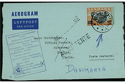 90/80 øre privisorisk helsags aerogram fra Hvidovre d. 11.7.1968 til poste restante i Siracusa, Italien. Retur som ikke afhentet