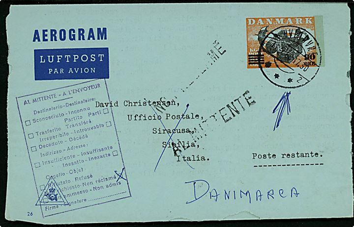 90/80 øre privisorisk helsags aerogram fra Hvidovre d. 11.7.1968 til poste restante i Siracusa, Italien. Retur som ikke afhentet