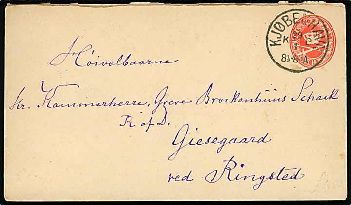 8 øre helsagskuvert annulleret med lapidar Kjøbenhavn KB d. 29.1.18xx til Kammerherre Greve Brochenhuus Schack, Ridder af Dannebrog, Giesegaard ved Ringsted.