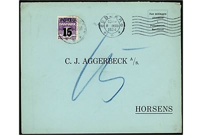 Ufrankeret svarkuvert fra Esbjerg d. 8.12.1934 til Horsens. Udtakseret i enkeltporto med 15/12 øre Porto-provisorium stemplet Horsens d. ?.12.1934.