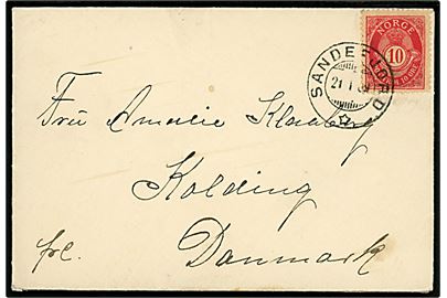 10 øre Posthorn på brev annulleret med tydeligt stempel Sandefjord d. 21.1.1909 til Kolding, Danmark.