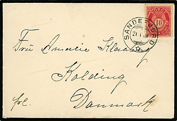 10 øre Posthorn på brev annulleret med tydeligt stempel Sandefjord d. 21.1.1909 til Kolding, Danmark.