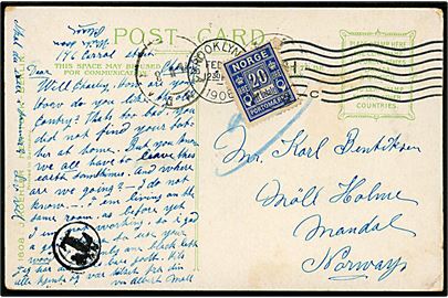 Ufrankeret brevkort (Damplokomotiv) fra Brooklyn d. x.2.1908 til Mandal, Norge. Sort T-portostempel og udtakseret i norsk porto med 20 øre Portomærke stemplet i Mandal d. 25.2.1908.