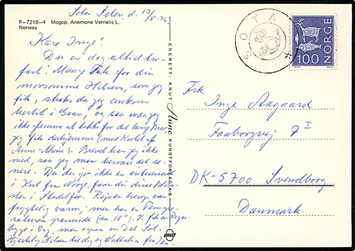 100 øre Runer på brevkort dateret d. 13.8.1976 og annulleret med kronet/posthorn brevhusstempel SOTA til Svendborg, Danmark.