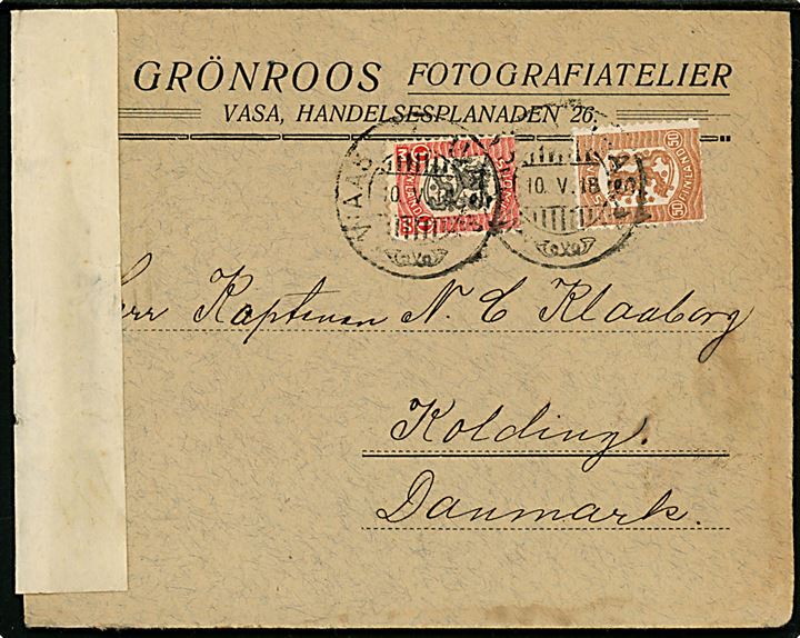 50 pen. og 1 mk. WASA udg. på brev fra Wasa d. 10.5.1918 til Kolding, Danmark. Åbnet af finsk censur i Torneå. 