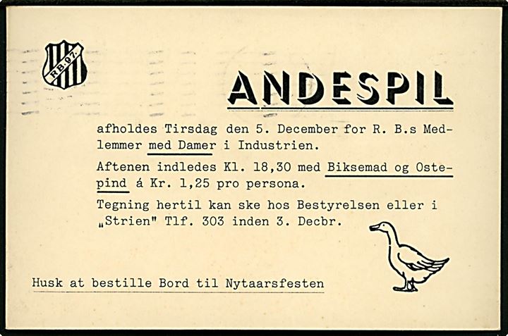 4 øre Bølgelinie single på lokalt tryksagskort i Rønne d. 29.11.1939. Invitation fra boldklubben RB97 til Andespil på Industrien.